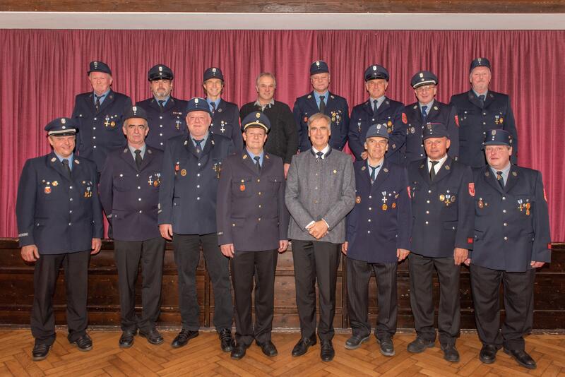 Bild vergrößern: Kreisbrandinspektor Florian Dirscherl und Landrat Olaf von Löwis (beide untere Reihe in der Mitte) mit den für 40 Jahre aktive Dienstzeit geehrten Feuerwehrmännern